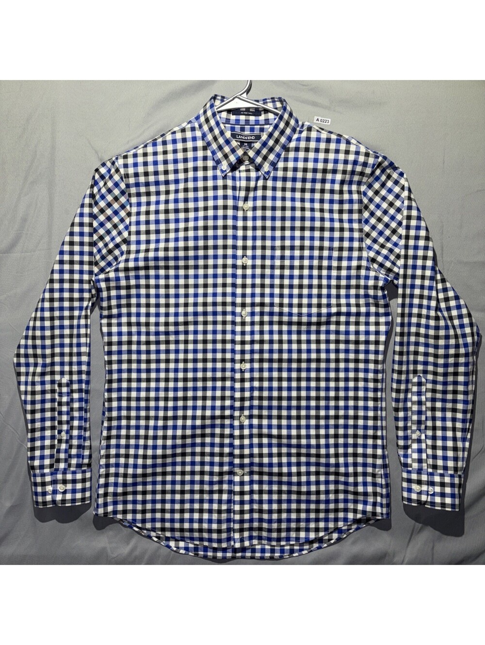 Lands' End No Iron Twill Shirt Mens M 15-15.5 Blue White Windowpane Traditional